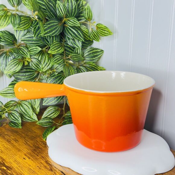 Vintage LE CREUSET France Cast Iron Fondue Pot Flame Atomic Orange NICE